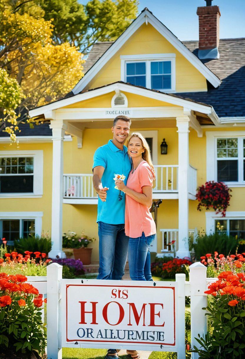 A joyful couple celebrating their new home in a bright, sunny environment, with a 'Sold' sign in the foreground. In the background, a beautiful garden with colorful flowers and a welcoming front porch symbolizes happiness and success in real estate. Add subtle elements like keys and contracts to represent the buying and selling process. super-realistic. vibrant colors. sunny atmosphere.